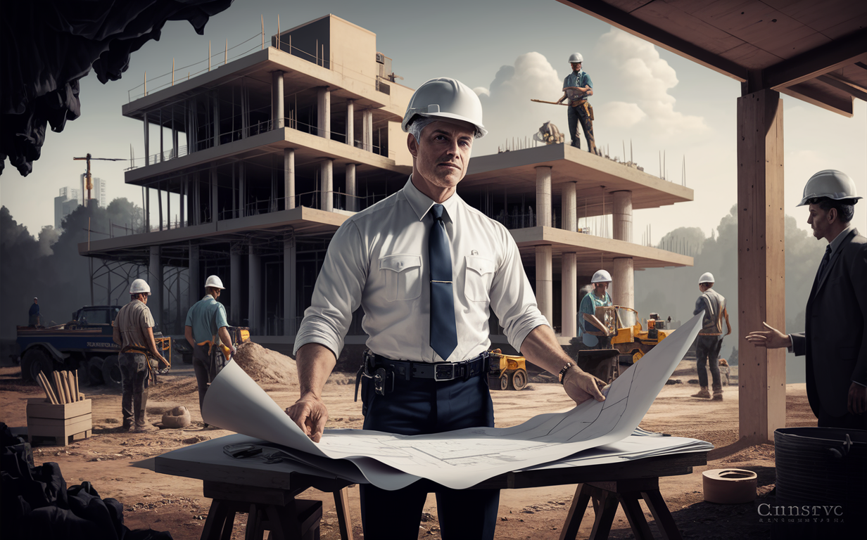A man wearing a hard hat and suit is reviewing construction plans and documents on a desk, with a view of cranes and high-rise buildings under construction outside the office window.