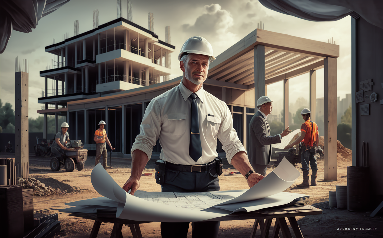 An image depicting a construction project manager wearing a hardhat and suit, reviewing blueprints and overseeing a construction site with cranes and buildings under development through the office window.