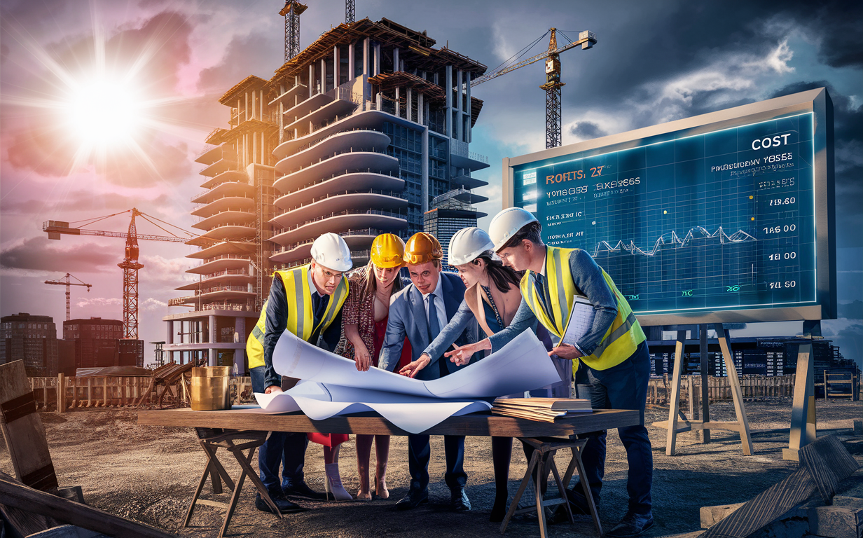 A team of construction professionals reviewing blueprints and discussing project details on a construction site, focusing on contingency planning and cost overrun management.
