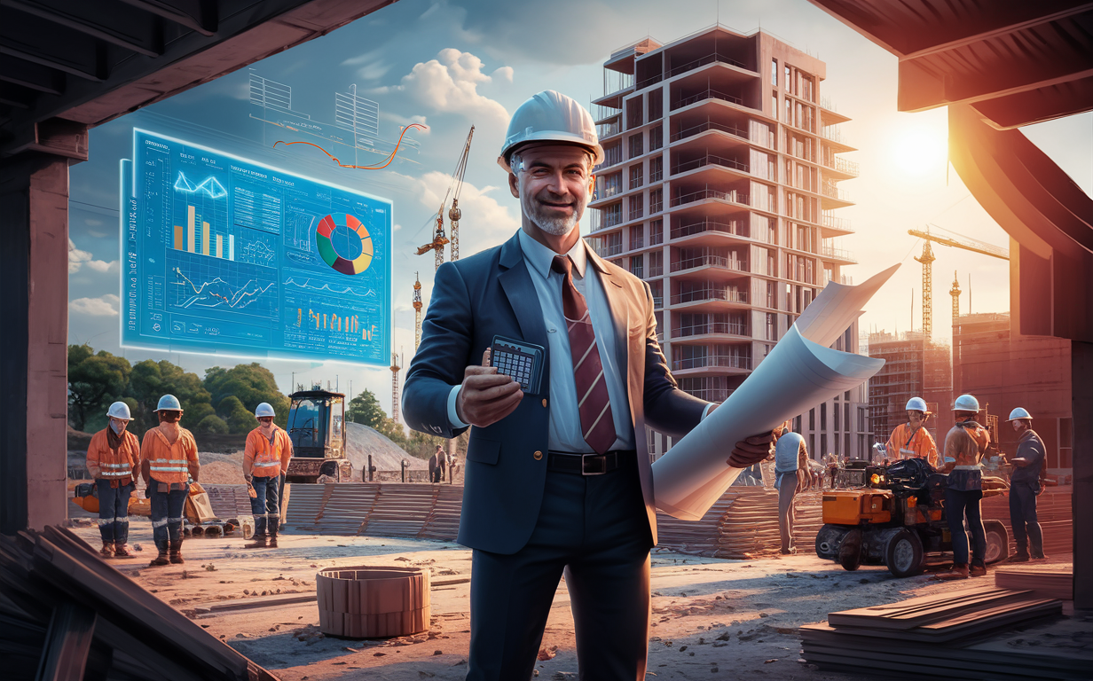 A construction manager analyzing digital data and blueprints on a construction site with workers and a partially built high-rise building in the background