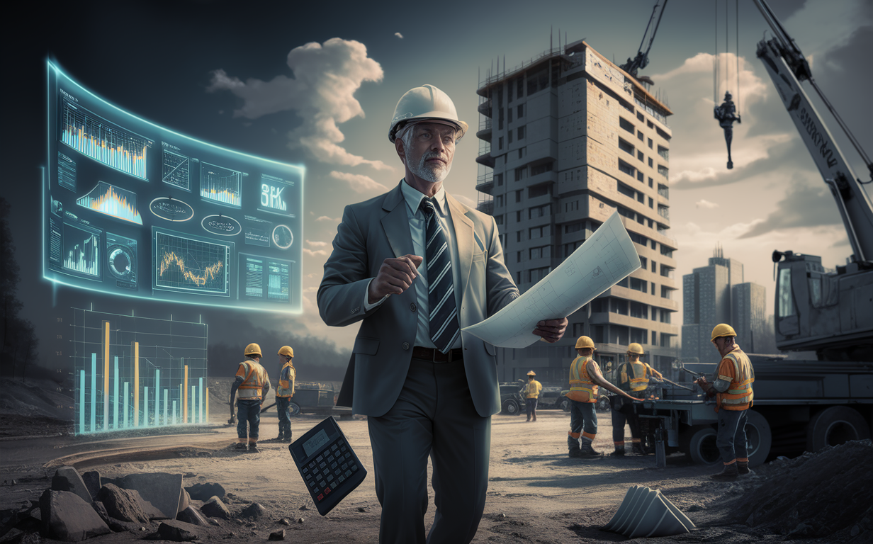 A construction worker in safety gear discusses blueprints with a businessman on a construction site, with icons representing security, growth, partnership, and efficiency overhead.