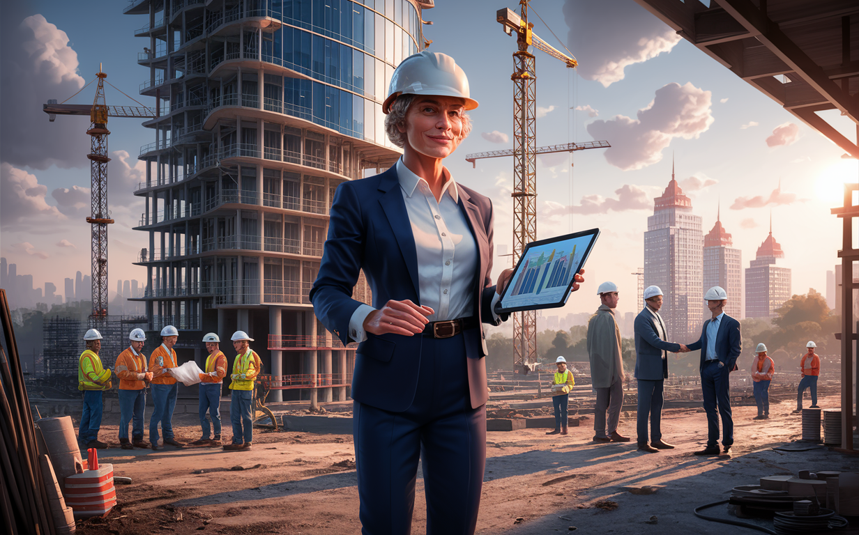 An experienced construction site manager wearing a hardhat and suit, holding blueprints and a calculator, stands in front of a large building under construction with cranes and workers visible, while viewing digital analytics displays showing project metrics and progress charts.