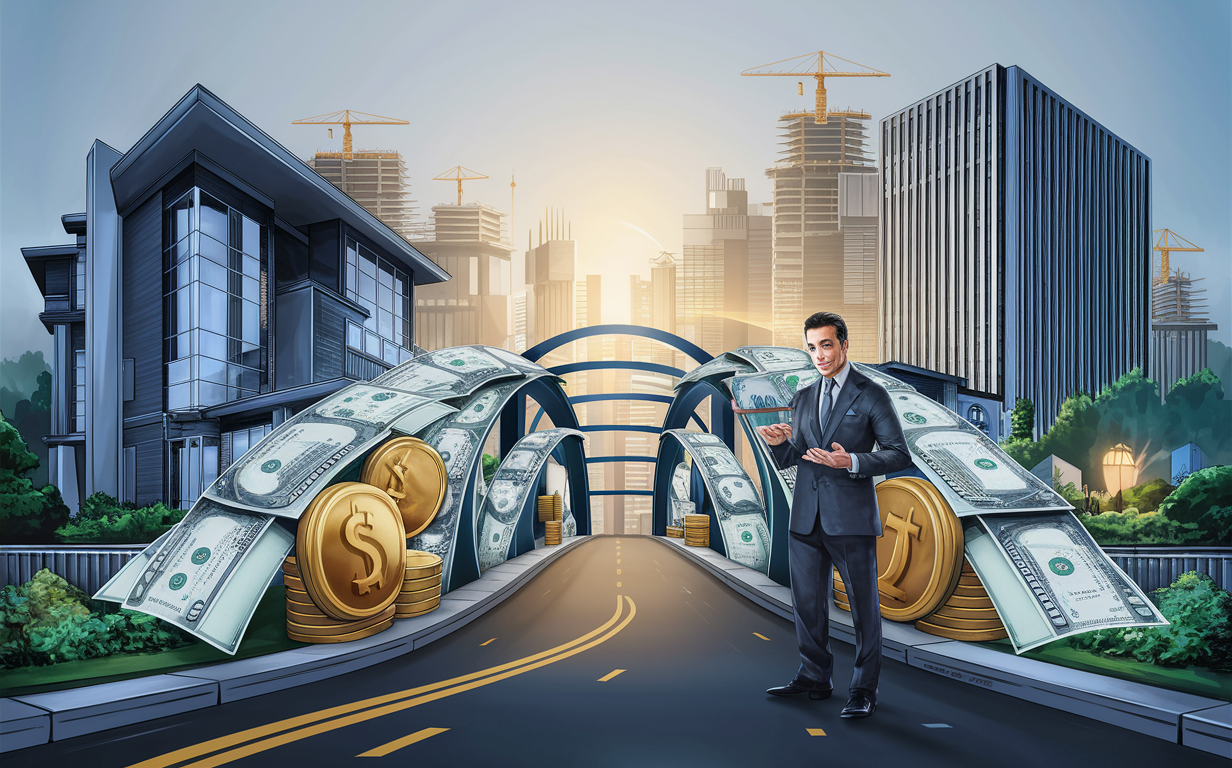 An illustration depicting a businessman with a tablet standing on a bridge made of money and coins, with buildings and construction cranes in the background, symbolizing bridge financing solutions for real estate projects.