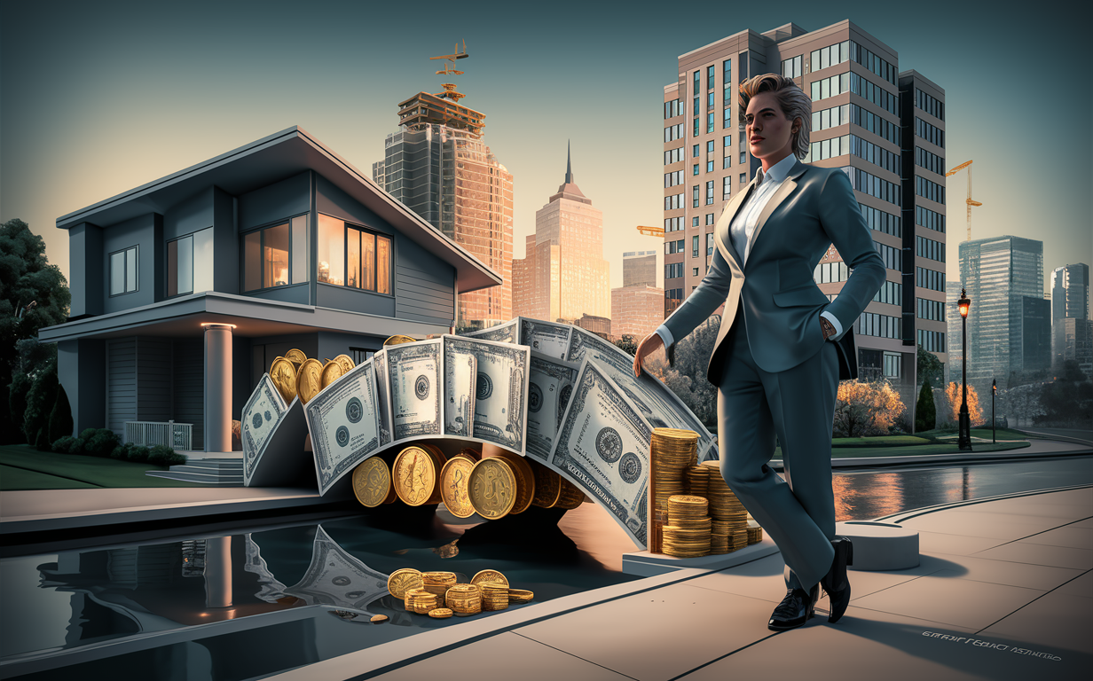 An illustration depicting four business professionals, two men and two women in suits, shaking hands while standing on a path made of dollar bills and legal documents, surrounded by small houses and tall city buildings, symbolizing the role of bridge loans in closing financing gaps in real estate transactions.
