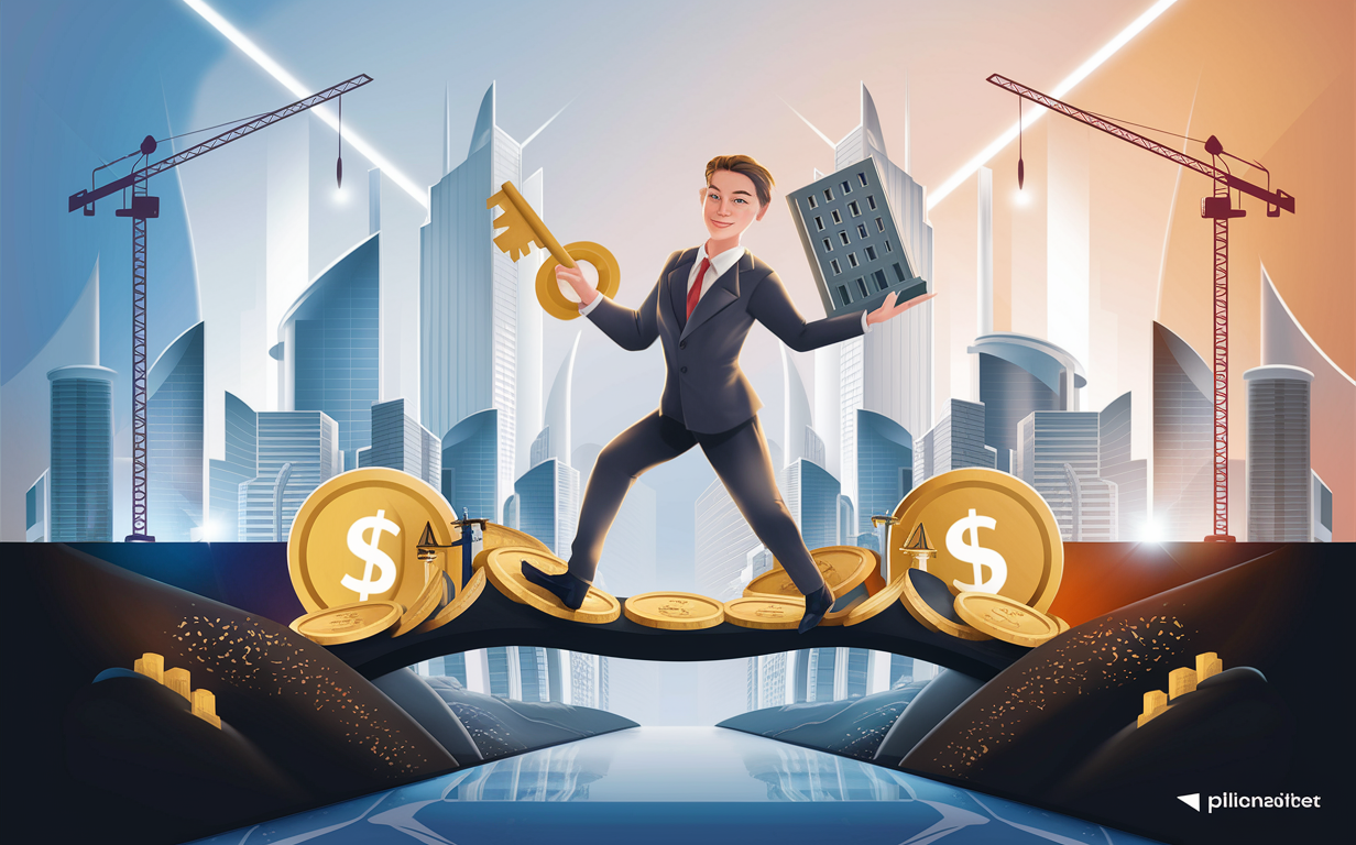 An illustration depicting a businesswoman juggling keys, buildings, and money symbols amidst construction cranes and a cityscape, symbolizing bridge financing for real estate deals.