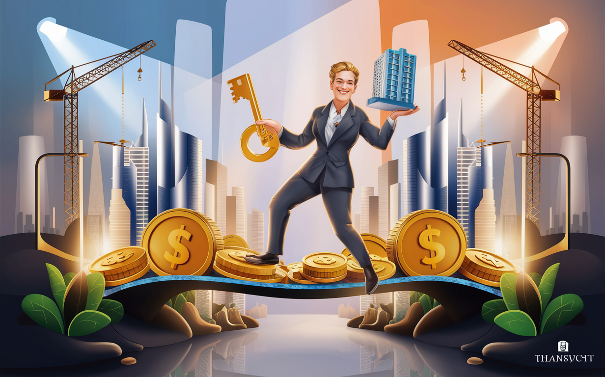 An illustration of a businessman juggling a key and building, standing on golden coins, amidst a city skyline with construction cranes, representing bridge financing for real estate deals.