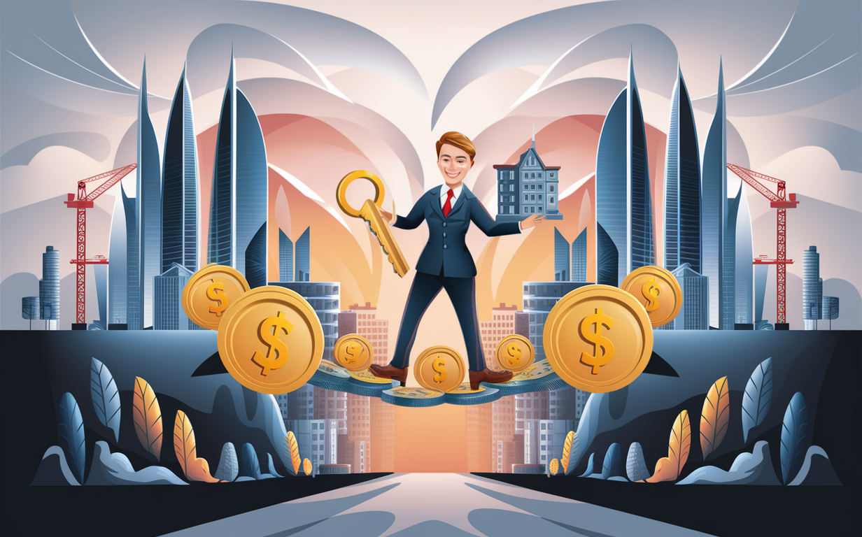 An illustration depicting a businessman standing amidst skyscrapers, construction cranes, and golden dollar coins, symbolizing the use of bridge financing to seize real estate investment opportunities.