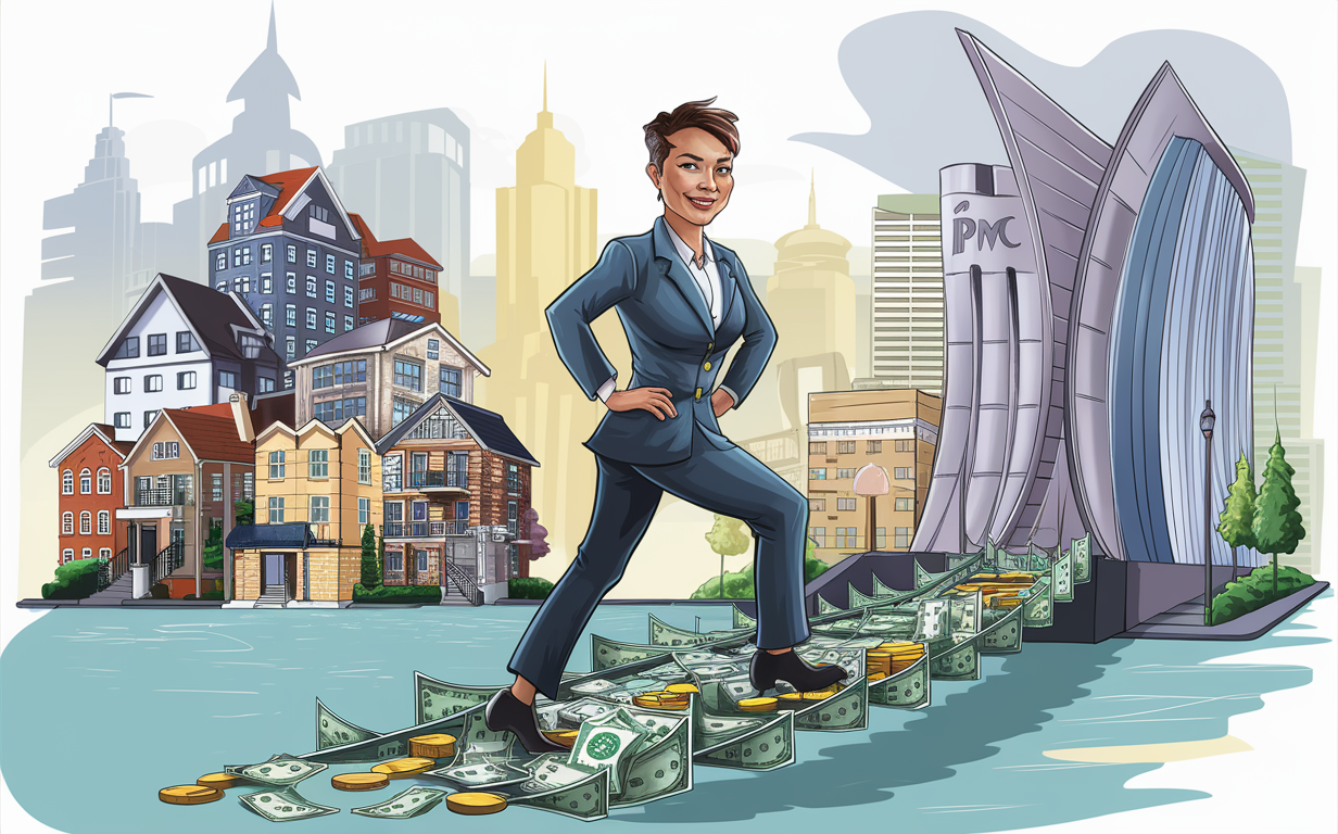 An illustration depicting a businessman controlling strings attached to a conveyor belt of money flowing towards towering buildings with the PMC Money logo, symbolizing bridge financing facilitating real estate deals in an urban landscape.