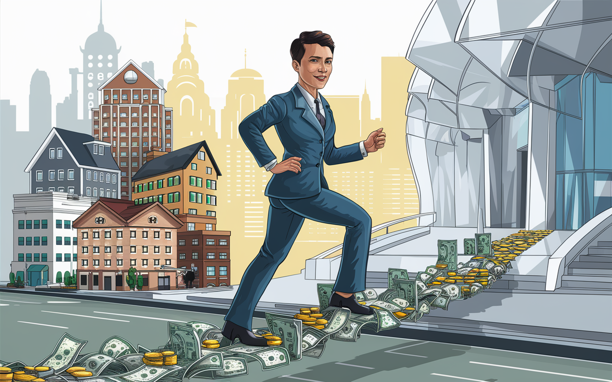 An illustration of a businessman running on a path of money, symbolizing bridge financing enabling real estate deals in an urban cityscape.