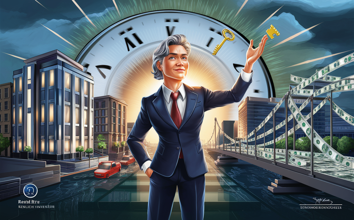 An illustration depicting a successful businessman holding a golden key symbolizing access to bridge loans, surrounded by skyscrapers and financial assets representing real estate opportunities and investments.