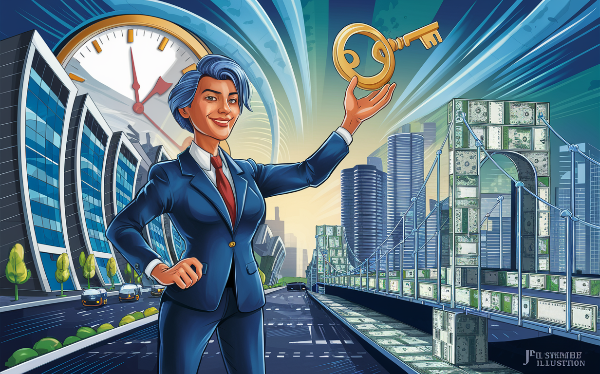 An illustration depicting a confident businessman holding a golden key, surrounded by a clock face and urban scenery with buildings, a bridge, and flowing money, representing seizing time-sensitive real estate opportunities with bridge loans.
