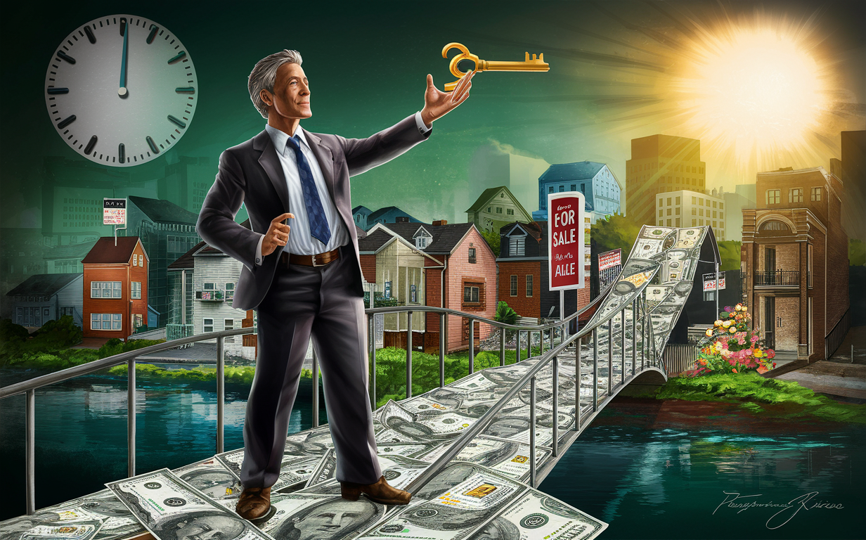 An illustration depicting a businessperson holding a golden key, symbolizing bridge loans enabling timely real estate investments, amidst a cityscape with skyscrapers made of dollar bills, representing financial opportunities in the real estate market.
