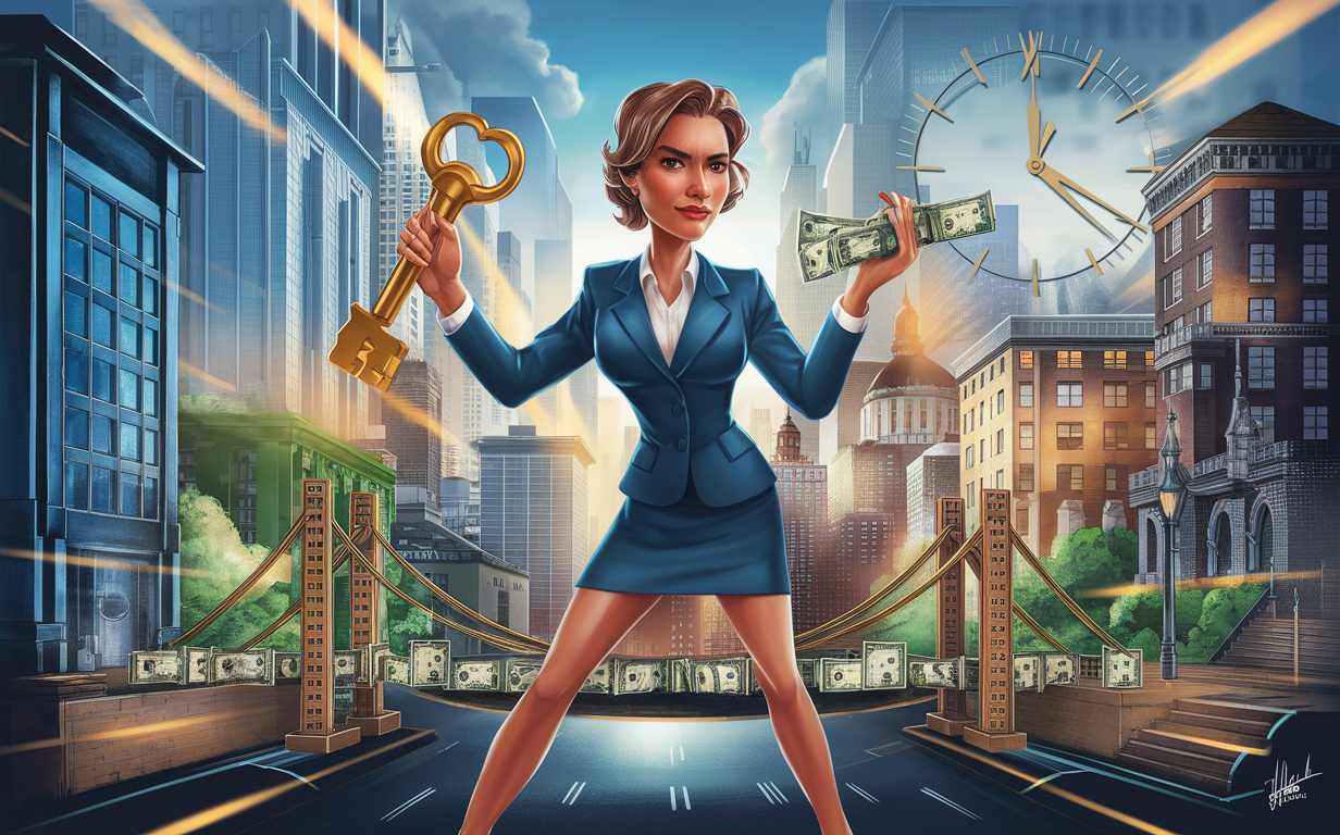 An illustration of a businessman confidently wielding a golden key, surrounded by a cityscape with buildings made of cash, representing the ability to unlock time-sensitive real estate deals through bridge loans.