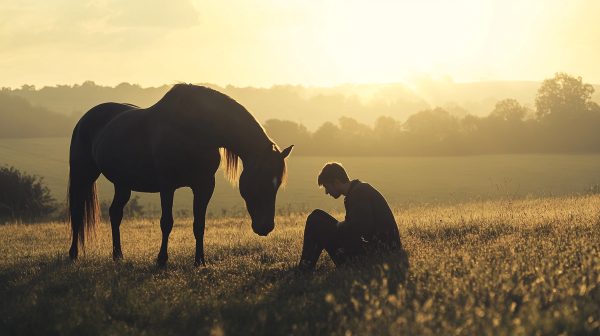 A man sitting in a field with a horse A man sitting in a field with a horse