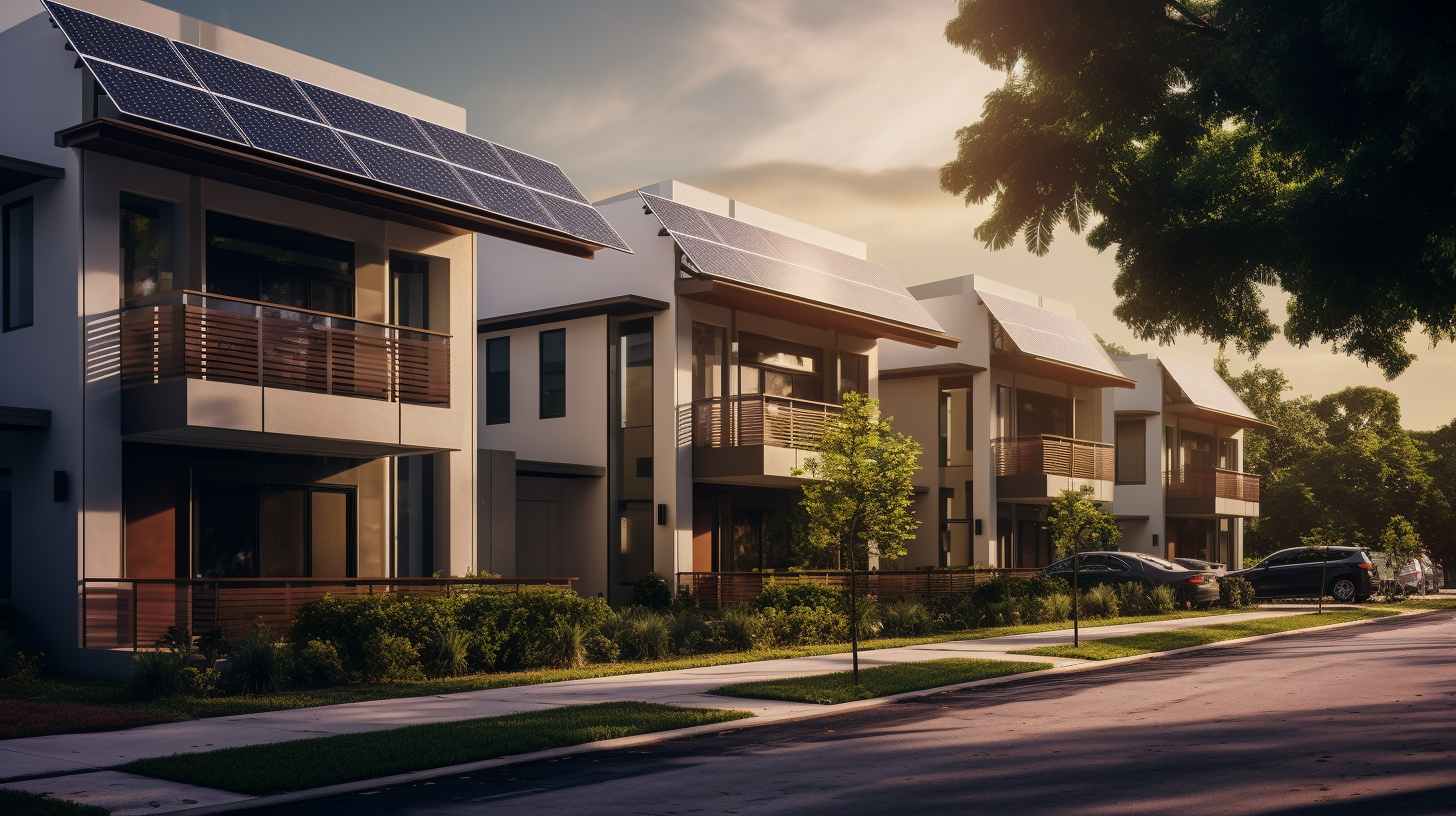 A solar panel installation on a townhome rooftop with a clear blue sky in the background, showcasing sustainable living with LUX Energy Solutions.