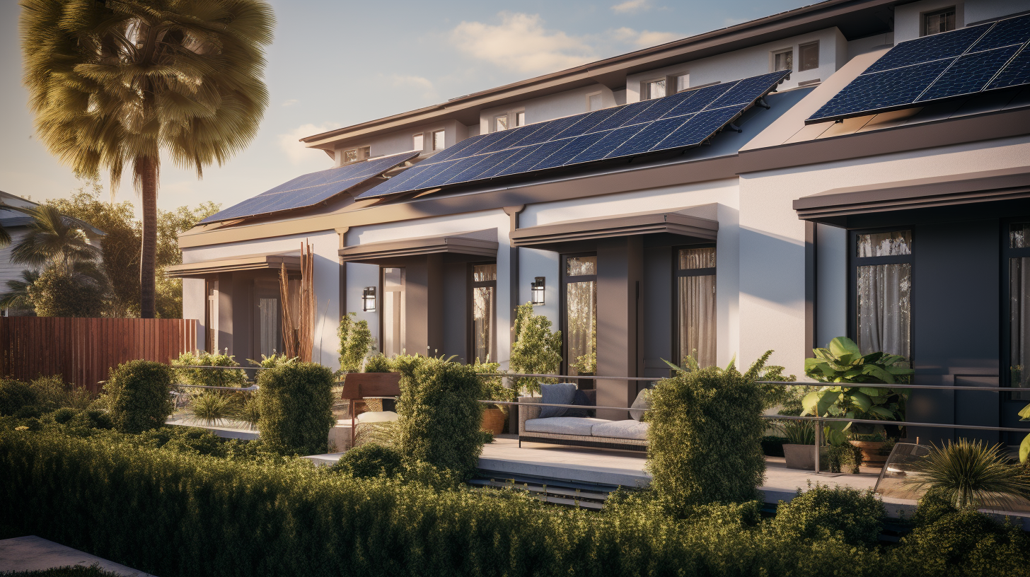 Close-up of premium solar panels seamlessly integrated into the aesthetics of a townhome, highlighting the quality.