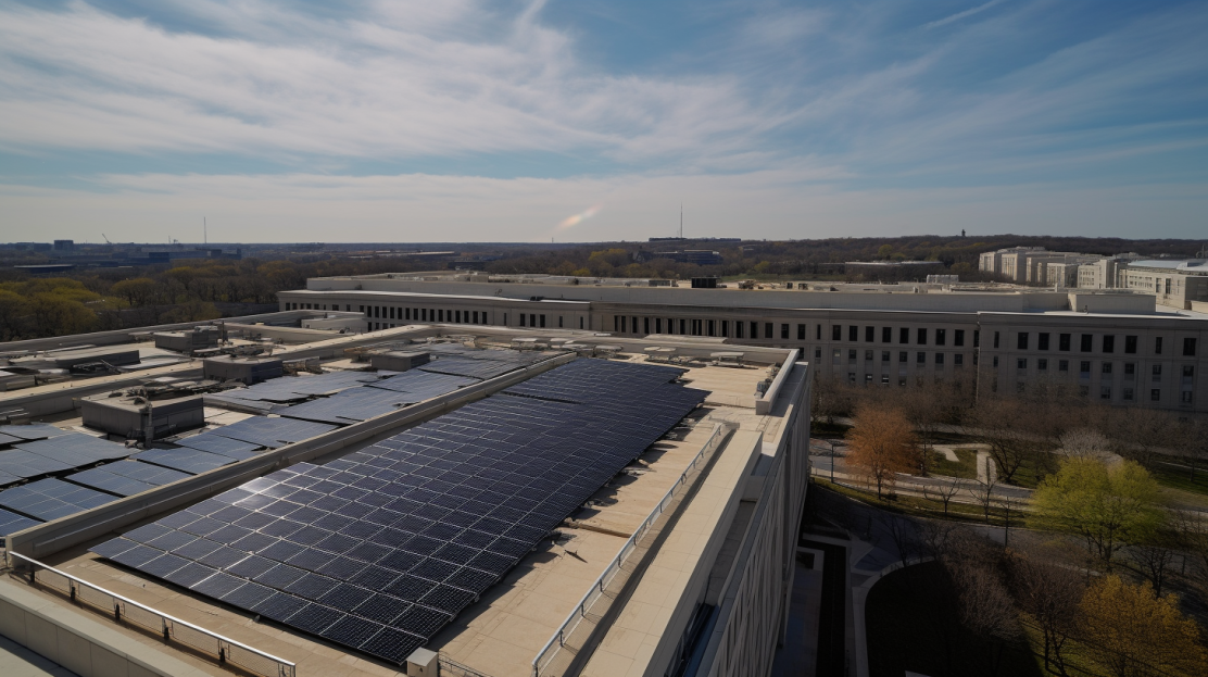 A powerful image of the Pentagon with solar panels, symbolizing leadership in clean energy adoption and the pursuit of a sustainable future.
