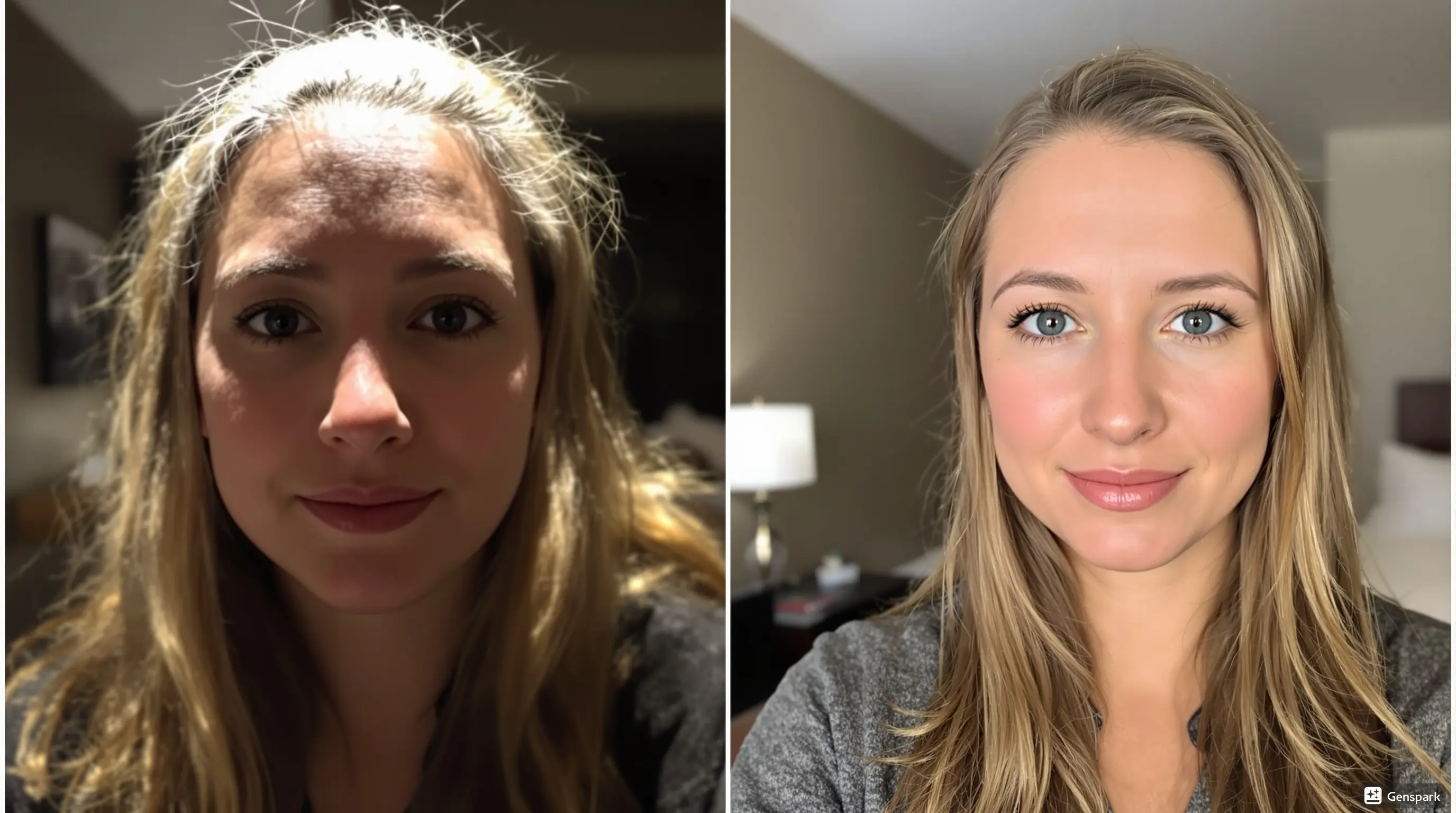 Before and after comparison showing dramatic lighting improvement in hotel room video setup using LED light Before and after comparison showing dramatic lighting improvement in hotel room video setup using LED light