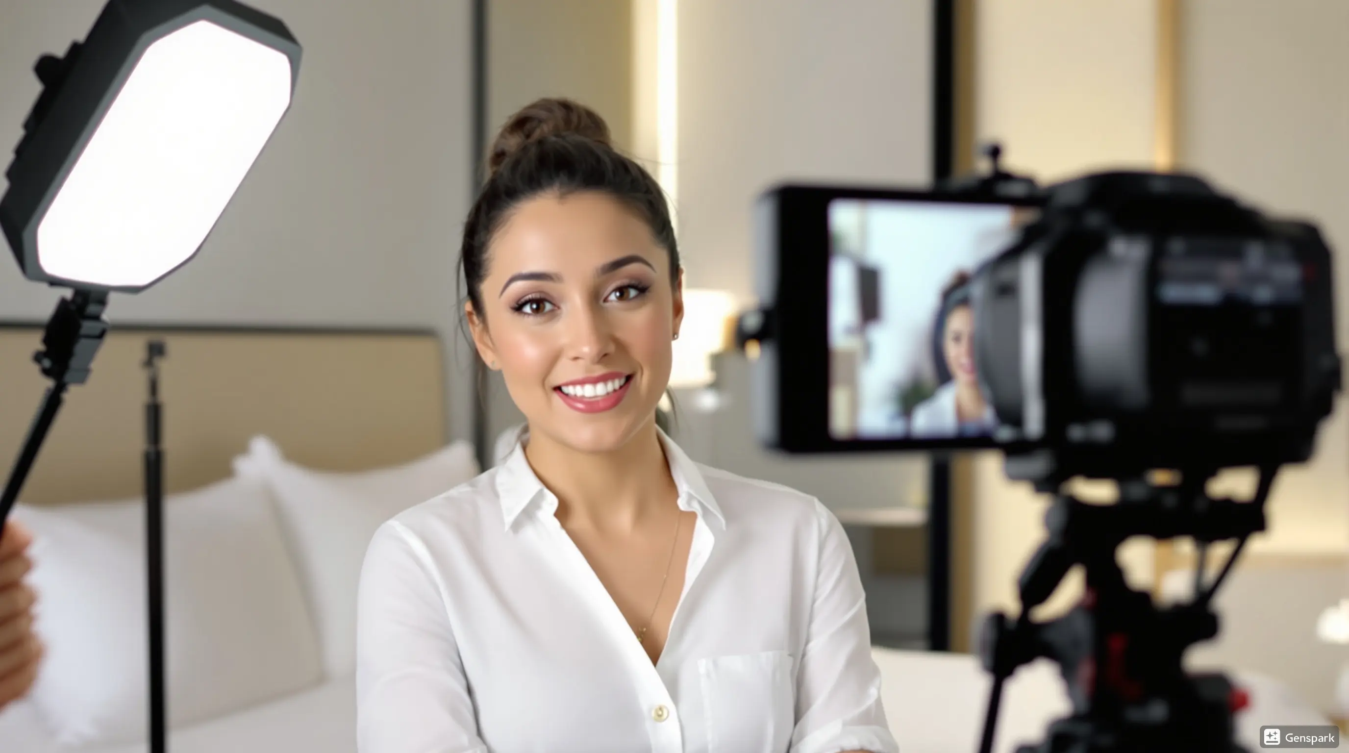 rofessional content creator filming with perfect lighting setup using Aputure MC Pro in hotel room rofessional content creator filming with perfect lighting setup using Aputure MC Pro in hotel room