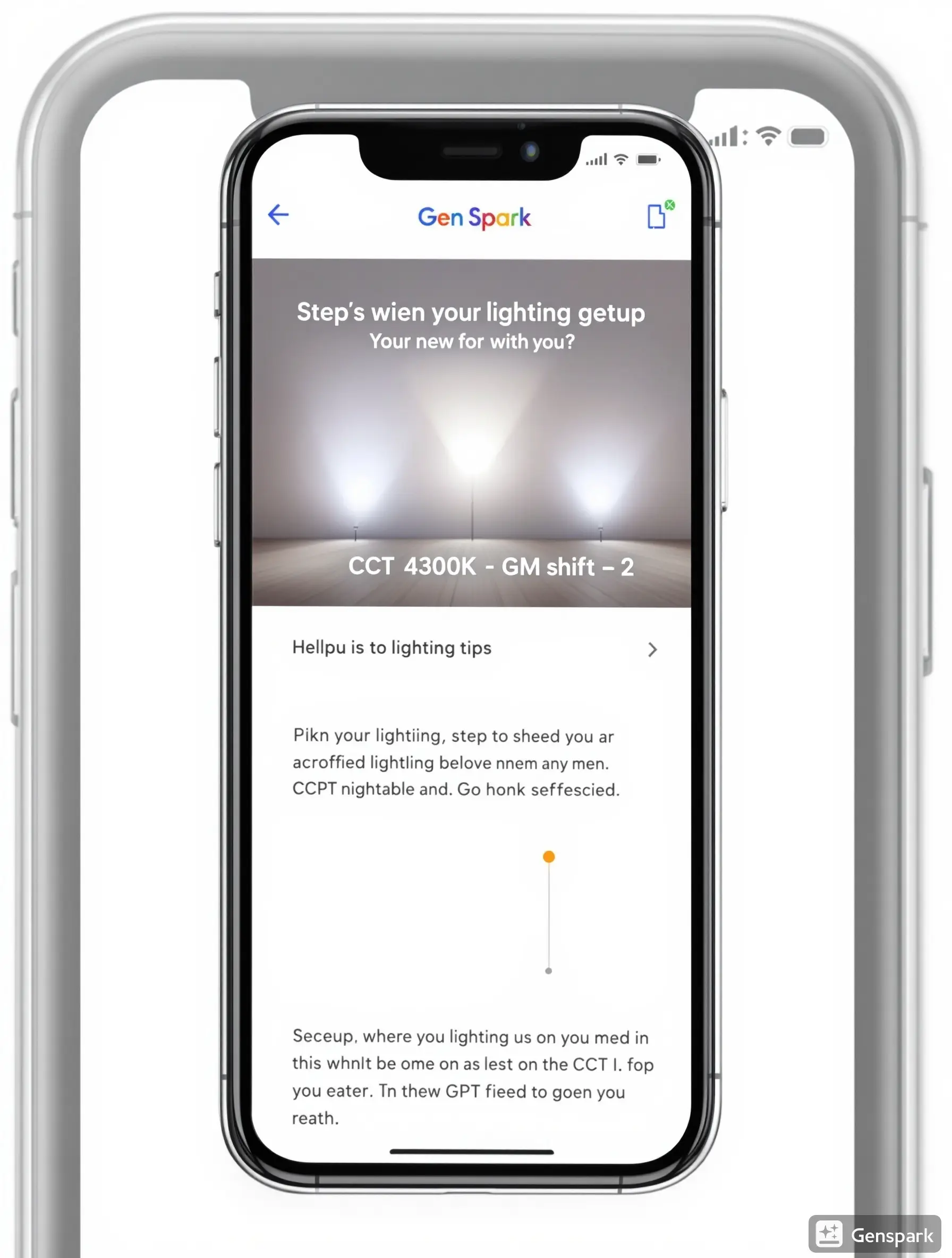 Gen Spark AI assistant interface displaying step-by-step lighting setup instructions with CCT and GM shift settings Gen Spark AI assistant interface displaying step-by-step lighting setup instructions with CCT and GM shift settings