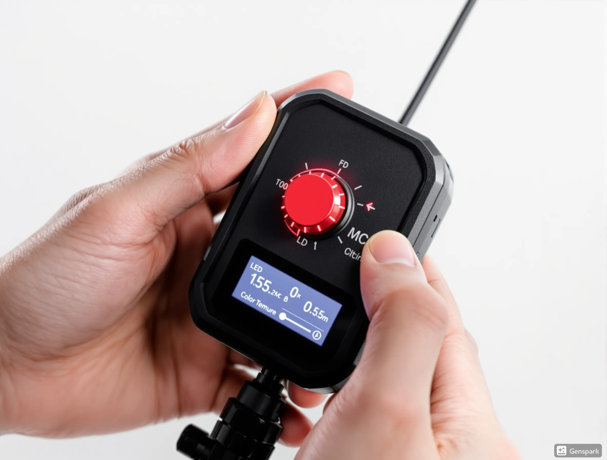 Hands adjusting Aputure MC Pro compact LED light settings showing LCD display and red control dial Hands adjusting Aputure MC Pro compact LED light settings showing LCD display and red control dial