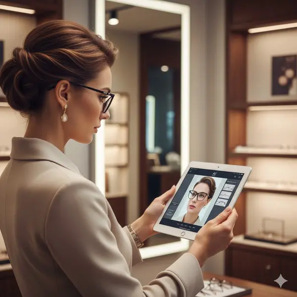 Customer using AI virtual try-on technology for designer frames