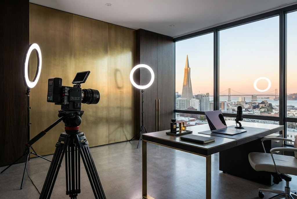 Professional video recording setup for luxury brand YouTube content with camera lighting and sophisticated backdrop