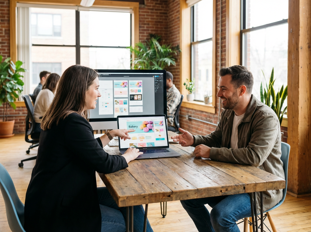Web designer presenting website mockups to small business owner in professional consultation meeting