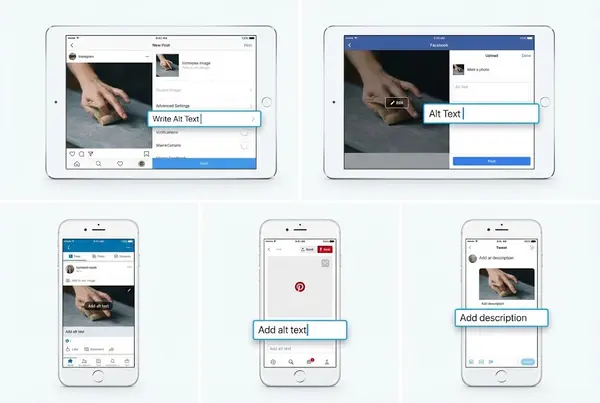Social media platform interfaces showing alt text fields for Instagram, Facebook, LinkedIn, Pinterest, and Twitter on multiple devices