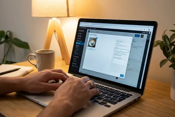 Content creator writing descriptive alt text for website image in CMS interface on laptop