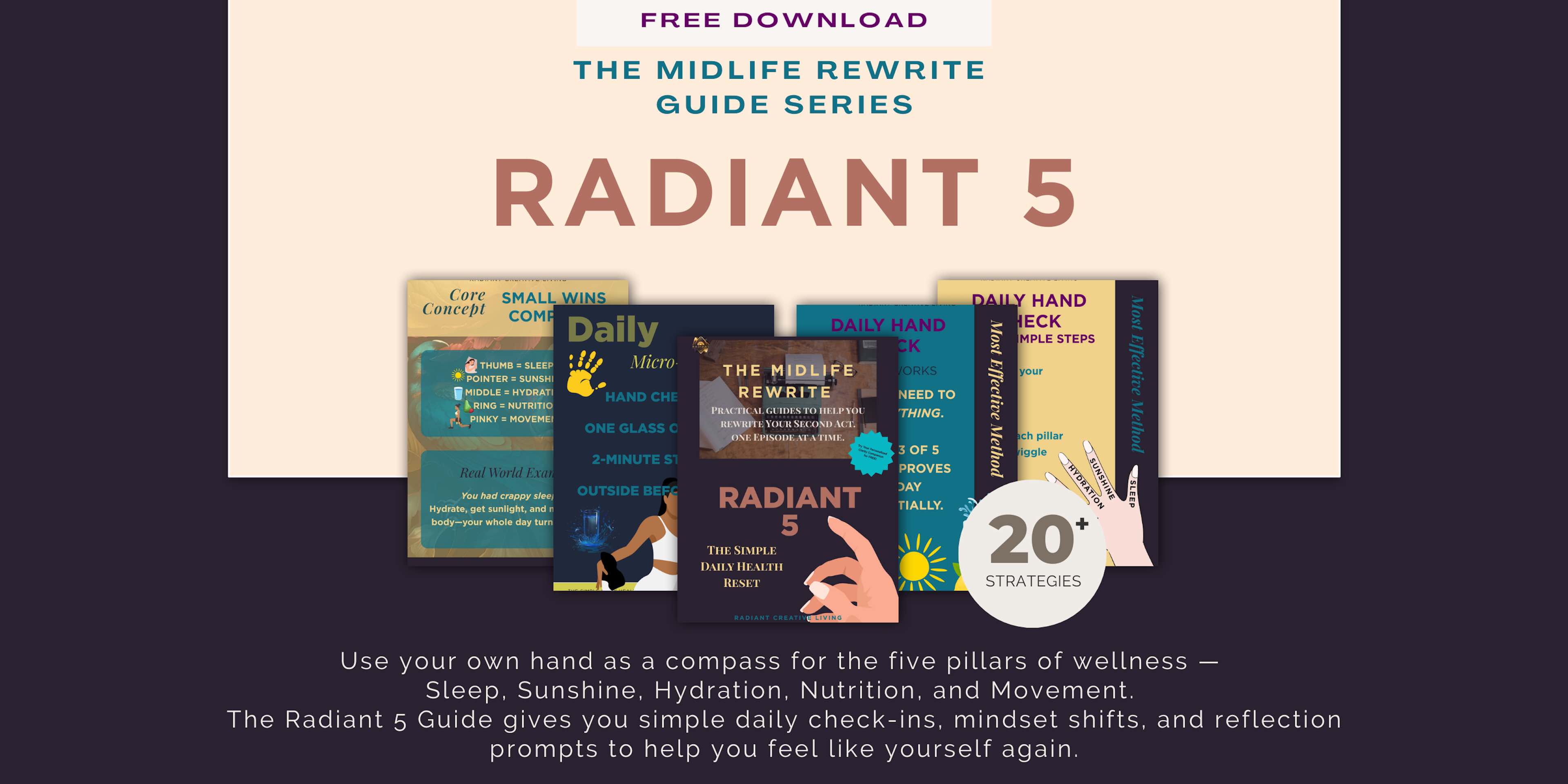 Preview Pages for and description of the Radiant 5, a simple health reset for midlife clarity. Preview Pages for and description of the Radiant 5, a simple health reset for midlife clarity.