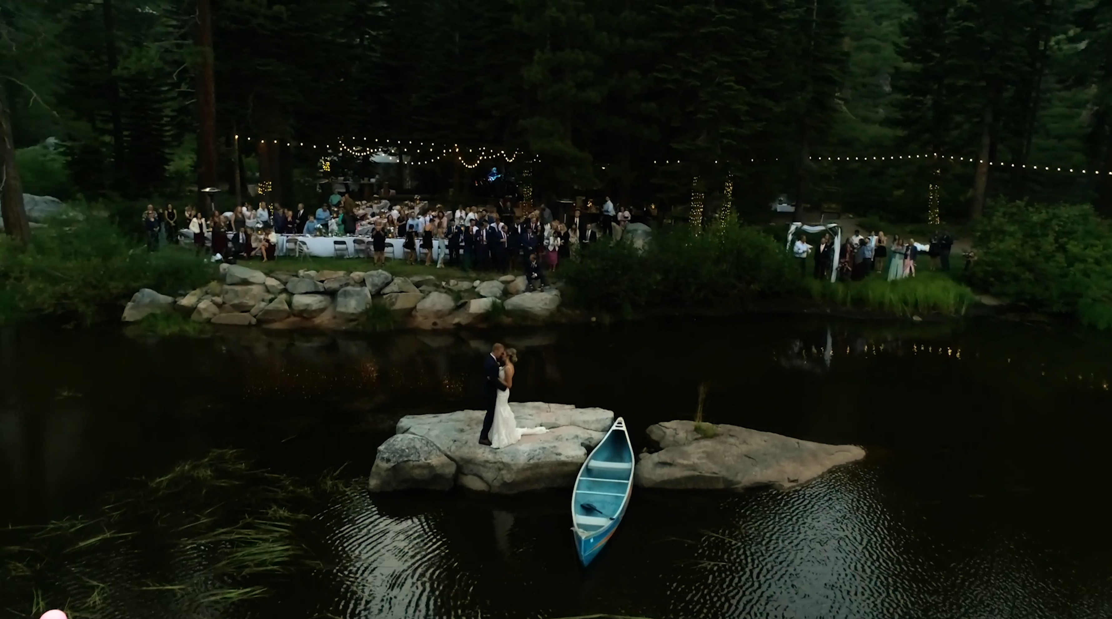 Bride & Groom First Dance on Rock in Middle of Lake