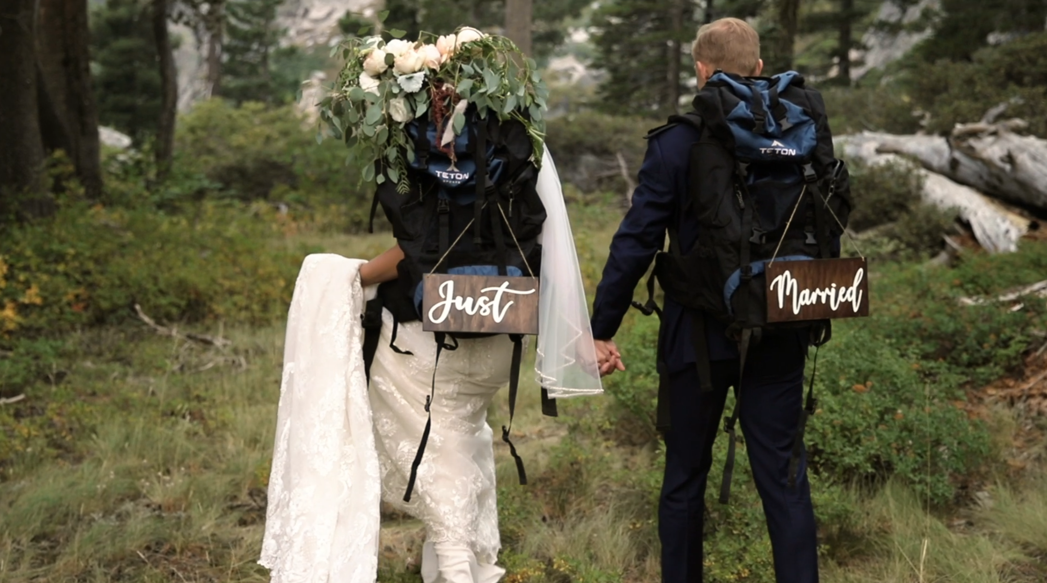 Just Married Wedding Signs Backpacking in Lake Tahoe area