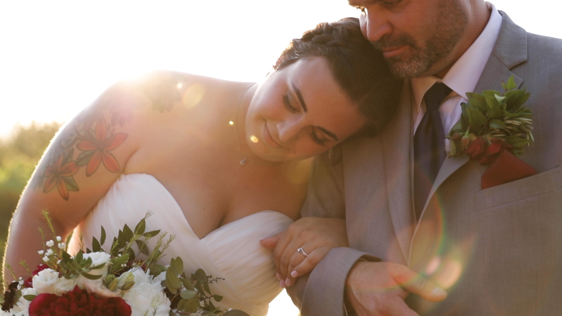 head resting on grooms chest with arms interlocked