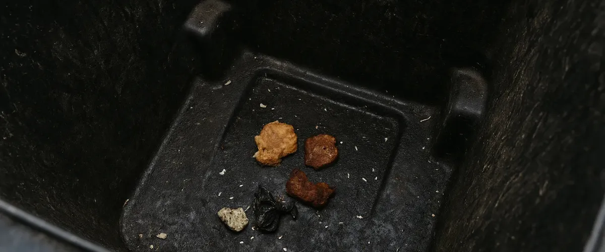 Interior of a dirty black trash bin with food scraps and debris. Interior of a dirty black trash bin with food scraps and debris.