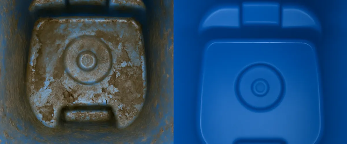Before and after image showing a dirty and clean trash bin interior Before and after image showing a dirty and clean trash bin interior