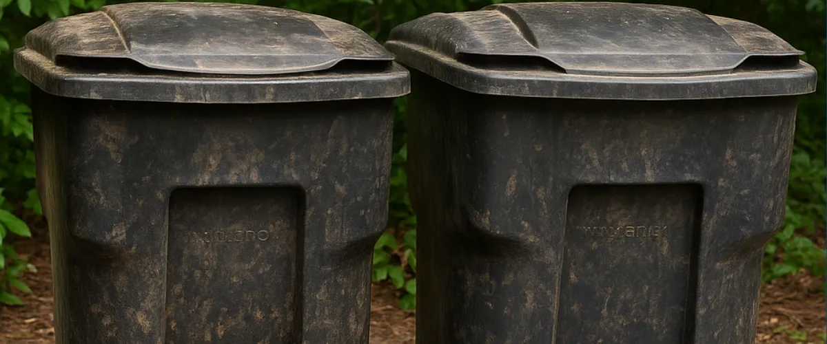 Two dirty trash bins placed side by side on a driveway surrounded by greenery Two dirty trash bins placed side by side on a driveway surrounded by greenery