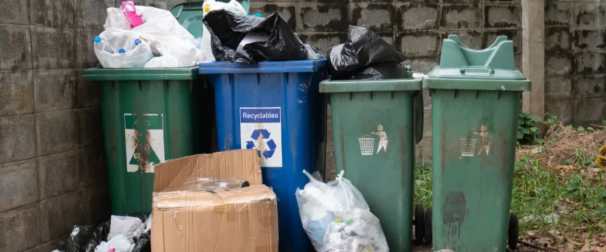 Overflowing trash and recycling bins with bags and cardboard outside in a residential area