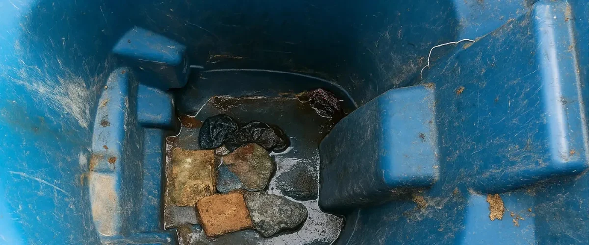Inside view of a dirty blue trash bin with debris and stains before cleaning.