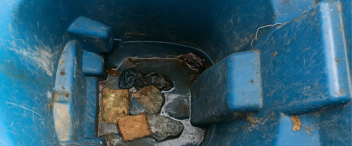 Wet and dirty blue trash bin bottom before cleaning