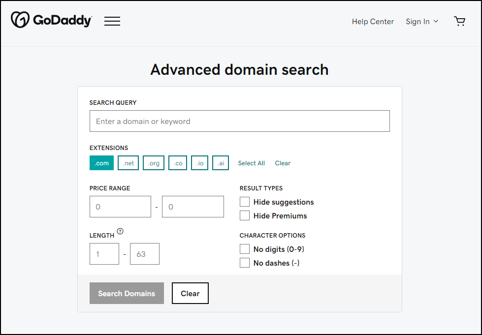 GoDaddy's advanced search tool GoDaddy's advanced search tool
