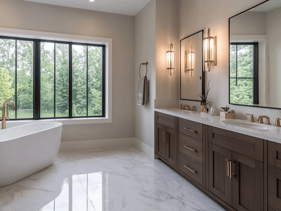 a bathroom remodeling project showcasing a luxurious design with a freestanding bathtub, double vanity, large windows, and elegant lighting.
