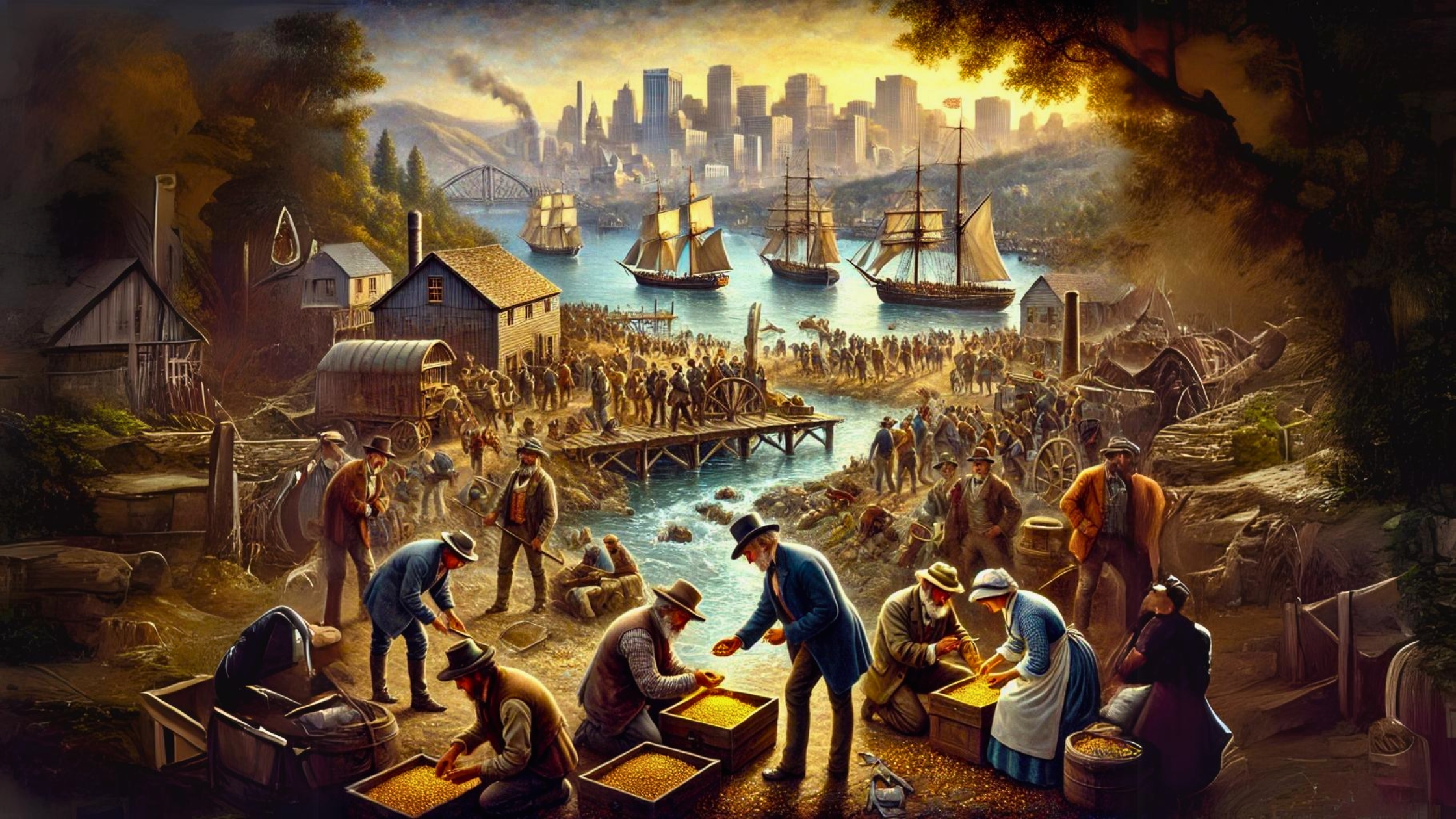 Historic scene from January 1848, showing James Marshall discovering gold at Sutter’s Mill near Coloma, east of Sacramento. The image captures the bustling growth of Sacramento and San Francisco during the California Gold Rush, with prospectors arriving from around the world, including South America, China, and South Africa, in search of gold. The scene evokes the energy, excitement, and transformation sparked by the gold discovery. Historic scene from January 1848, showing James Marshall discovering gold at Sutter’s Mill near Coloma, east of Sacramento. The image captures the bustling growth of Sacramento and San Francisco during the California Gold Rush, with prospectors arriving from around the world, including South America, China, and South Africa, in search of gold. The scene evokes the energy, excitement, and transformation sparked by the gold discovery.