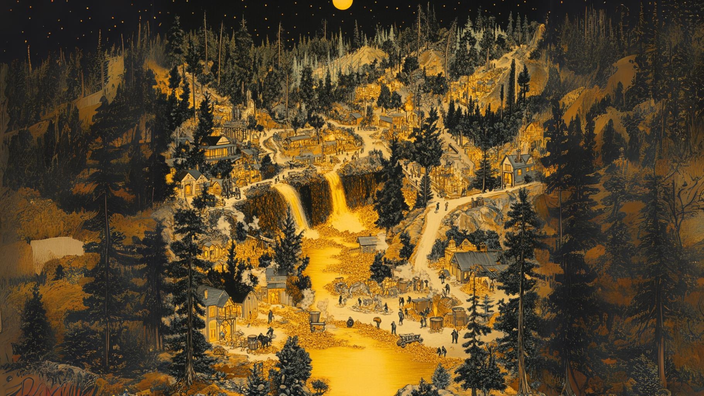 A historic Gold Rush California scene showing miners using hydraulic power to mine gold. Jets of water blast away soil, revealing gold in the Feather River region. The powerful water jets displace trees and ancient fossils, highlighting the environmental impact. In the background, the rapidly growing city of Sacramento is depicted with bustling streets, flour mills, and general stores. Levees protect the area from flooding, and a railroad connects Sacramento to other parts of California. Entrepreneurs like Levi Strauss are selling durable clothing to miners, contributing to the city’s vibrant atmosphere. A historic Gold Rush California scene showing miners using hydraulic power to mine gold. Jets of water blast away soil, revealing gold in the Feather River region. The powerful water jets displace trees and ancient fossils, highlighting the environmental impact. In the background, the rapidly growing city of Sacramento is depicted with bustling streets, flour mills, and general stores. Levees protect the area from flooding, and a railroad connects Sacramento to other parts of California. Entrepreneurs like Levi Strauss are selling durable clothing to miners, contributing to the city’s vibrant atmosphere.