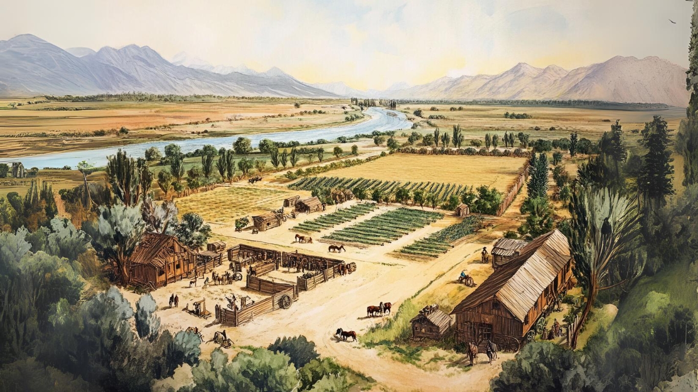 A vibrant scene of Sutter’s Fort in the late 1830s, located near the confluence of the Sacramento and American Rivers. The fort features wooden structures, including workshops, a blacksmith shop, and living quarters. Surrounding the fort are fields of crops and livestock, with Native Americans and European immigrants working together to cultivate the land and trade goods. Horse-drawn wagons with settlers and traders arrive at the bustling fort, set against a backdrop of distant mountains and flowing rivers under a clear sky. A vibrant scene of Sutter’s Fort in the late 1830s, located near the confluence of the Sacramento and American Rivers. The fort features wooden structures, including workshops, a blacksmith shop, and living quarters. Surrounding the fort are fields of crops and livestock, with Native Americans and European immigrants working together to cultivate the land and trade goods. Horse-drawn wagons with settlers and traders arrive at the bustling fort, set against a backdrop of distant mountains and flowing rivers under a clear sky.