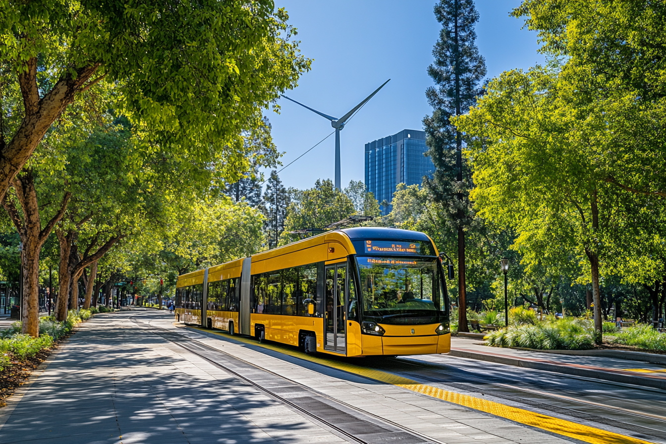 A vibrant, eco-friendly Sacramento with solar panels, wind turbines, electric buses, bike lanes, and tree-filled parks. Residents bike and walk, recycling stations and compost bins highlight the city’s commitment to sustainability and a green future. A vibrant, eco-friendly Sacramento with solar panels, wind turbines, electric buses, bike lanes, and tree-filled parks. Residents bike and walk, recycling stations and compost bins highlight the city’s commitment to sustainability and a green future.