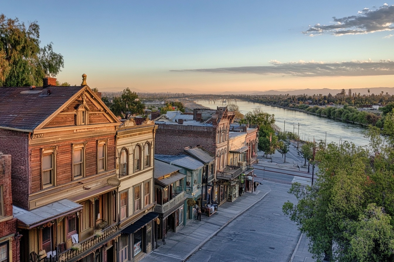 Sacramento during the 1848 Gold Rush, with wooden buildings, fortune seekers, and a transition to brick and stone. Highlight Greek Revival, Italianate, and Victorian architecture, with the Sacramento River in the background. Sacramento during the 1848 Gold Rush, with wooden buildings, fortune seekers, and a transition to brick and stone. Highlight Greek Revival, Italianate, and Victorian architecture, with the Sacramento River in the background.
