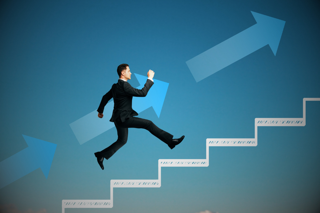 A businessman in a suit climbing illustrated stairs with upward arrows, symbolizing career growth, success, and business progression. A businessman in a suit climbing illustrated stairs with upward arrows, symbolizing career growth, success, and business progression.