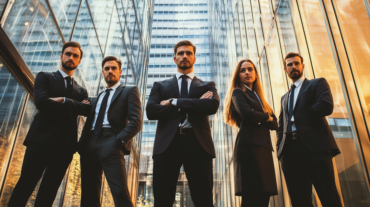 A confident team of business professionals in sharp suits standing with arms crossed in front of modern glass skyscrapers, exuding power, unity, and determination. A confident team of business professionals in sharp suits standing with arms crossed in front of modern glass skyscrapers, exuding power, unity, and determination.