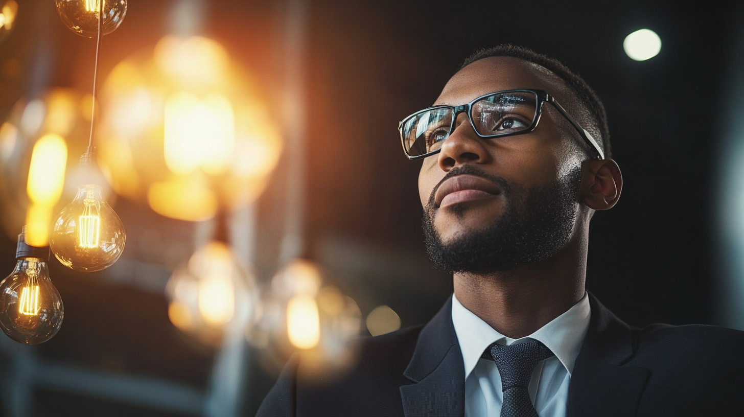 A confident businessman in a suit and glasses looking upward with a visionary expression, illuminated by warm glowing light bulbs, symbolizing innovation and strategic thinking. A confident businessman in a suit and glasses looking upward with a visionary expression, illuminated by warm glowing light bulbs, symbolizing innovation and strategic thinking.